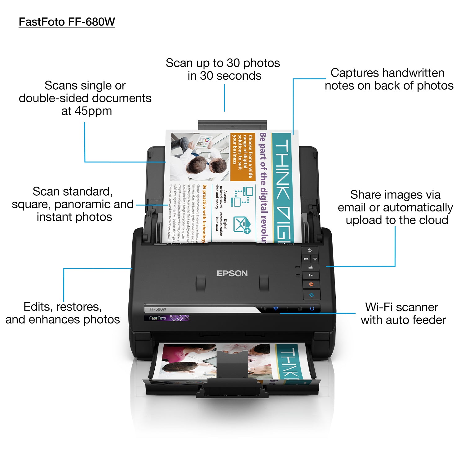 Epson FastFoto FF-680W – Dokumentenscanner, A4, Duplex, 45 ppm, 600 dpi, ADF 100 Blatt, WLAN, USB
