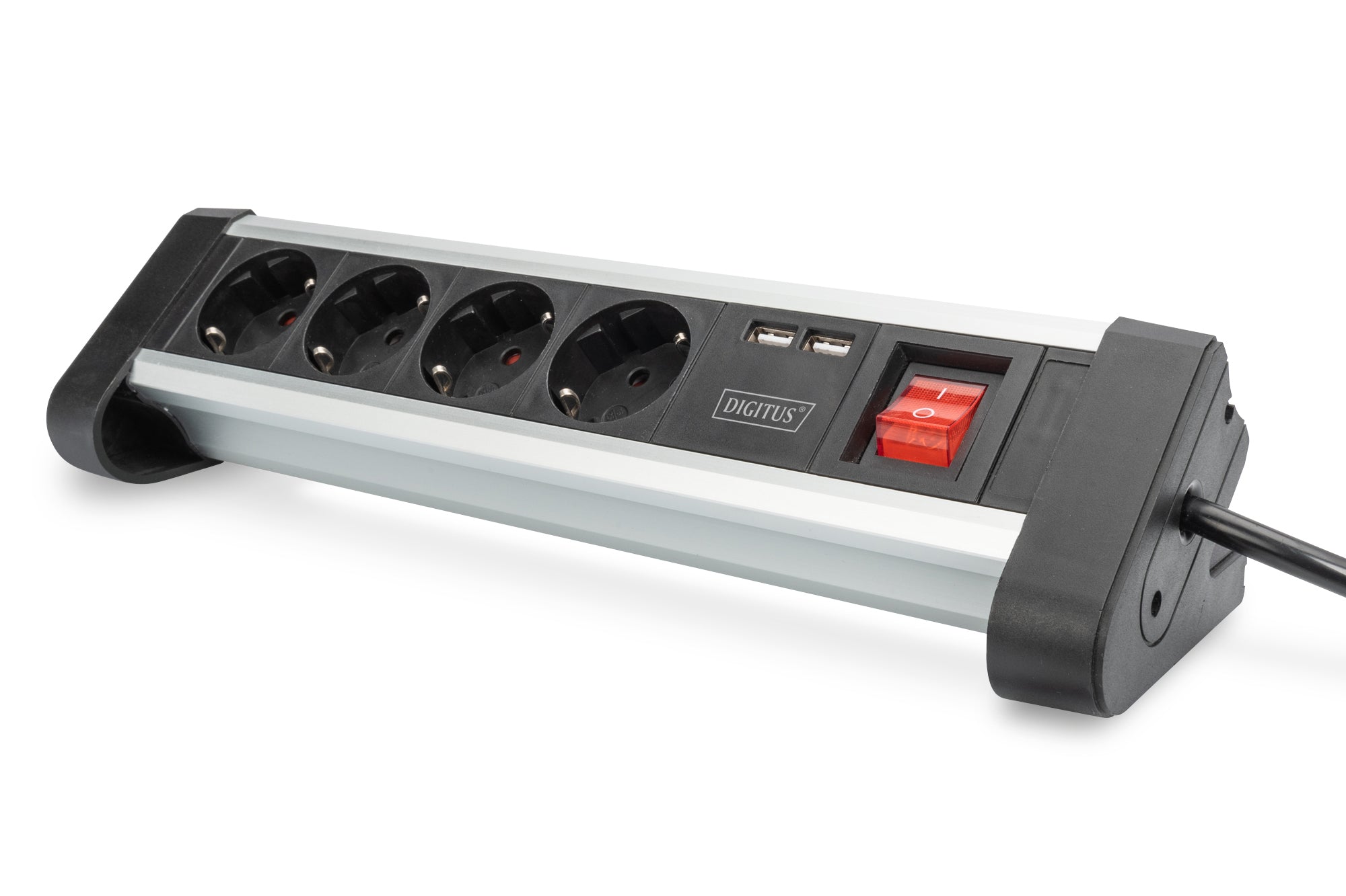 Digitus Steckdosenleiste – 4× Schuko (Typ E/F), 2× USB, 1,5 m, mit Schalter, Schwarz/Silber