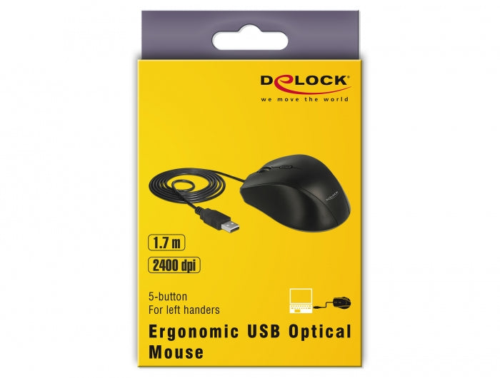 DeLOCK Ergonomische Maus – kabelgebunden, USB-A, 5 Tasten, für Linkshänder, schwarz