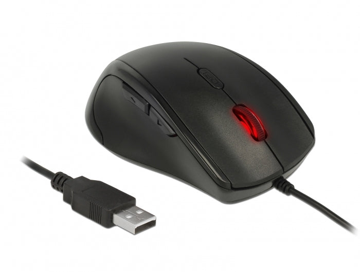 DeLOCK Ergonomische Maus – kabelgebunden, USB-A, 5 Tasten, für Linkshänder, schwarz