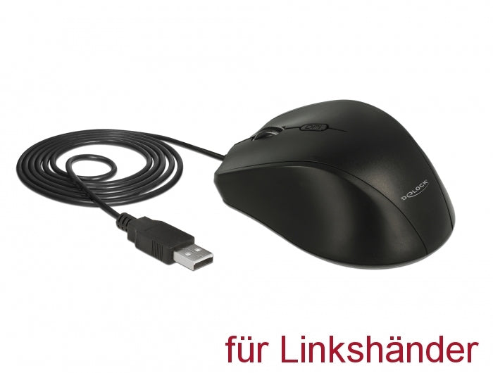 DeLOCK Ergonomische Maus – kabelgebunden, USB-A, 5 Tasten, für Linkshänder, schwarz