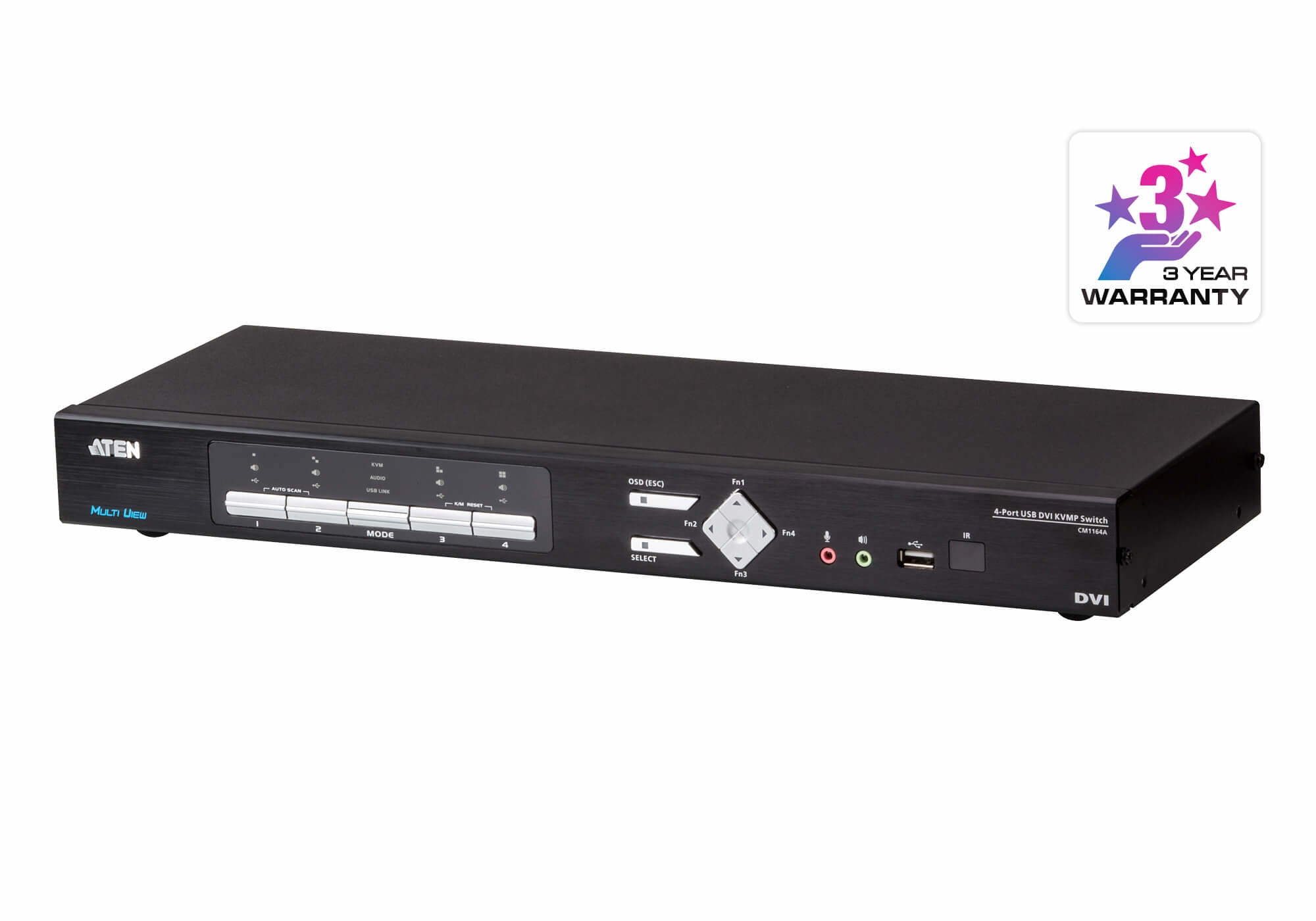 ATEN CM1164A – 4-Port DVI-D KVM-Switch, Quad-View – 1920 × 1200/60 Hz, USB 2.0-Hub, Audio, Rack 1U