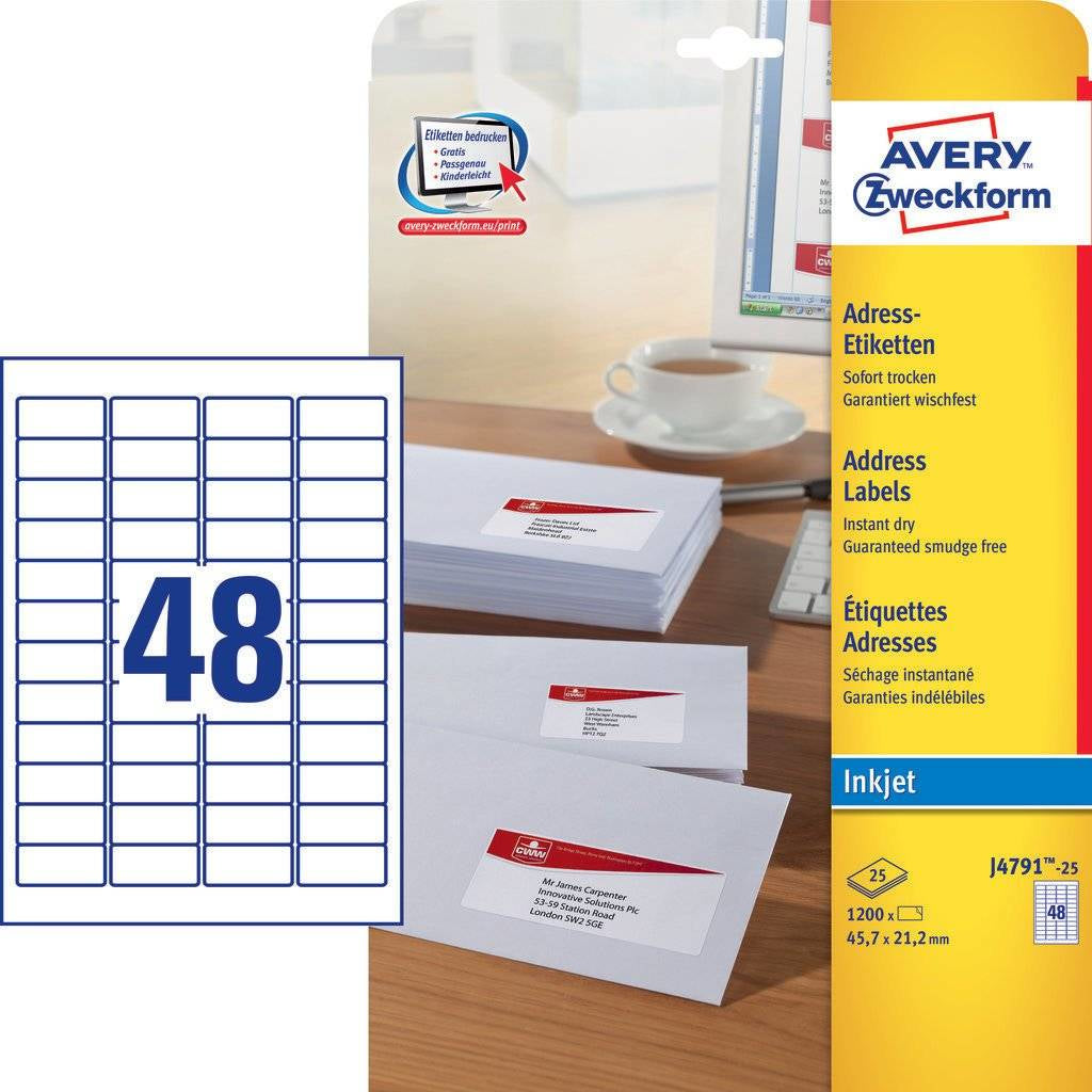 AVERY ZWECKFORM – Adressetiketten, 45,7 mm × 21,2 mm, weiss, Papier, permanent, 1200 Stk., 25 Bl.