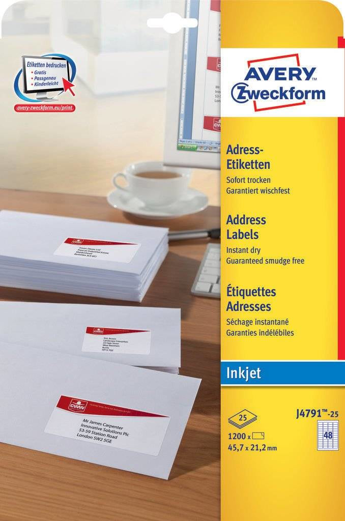 AVERY ZWECKFORM – Adressetiketten, 45,7 mm × 21,2 mm, weiss, Papier, permanent, 1200 Stk., 25 Bl.