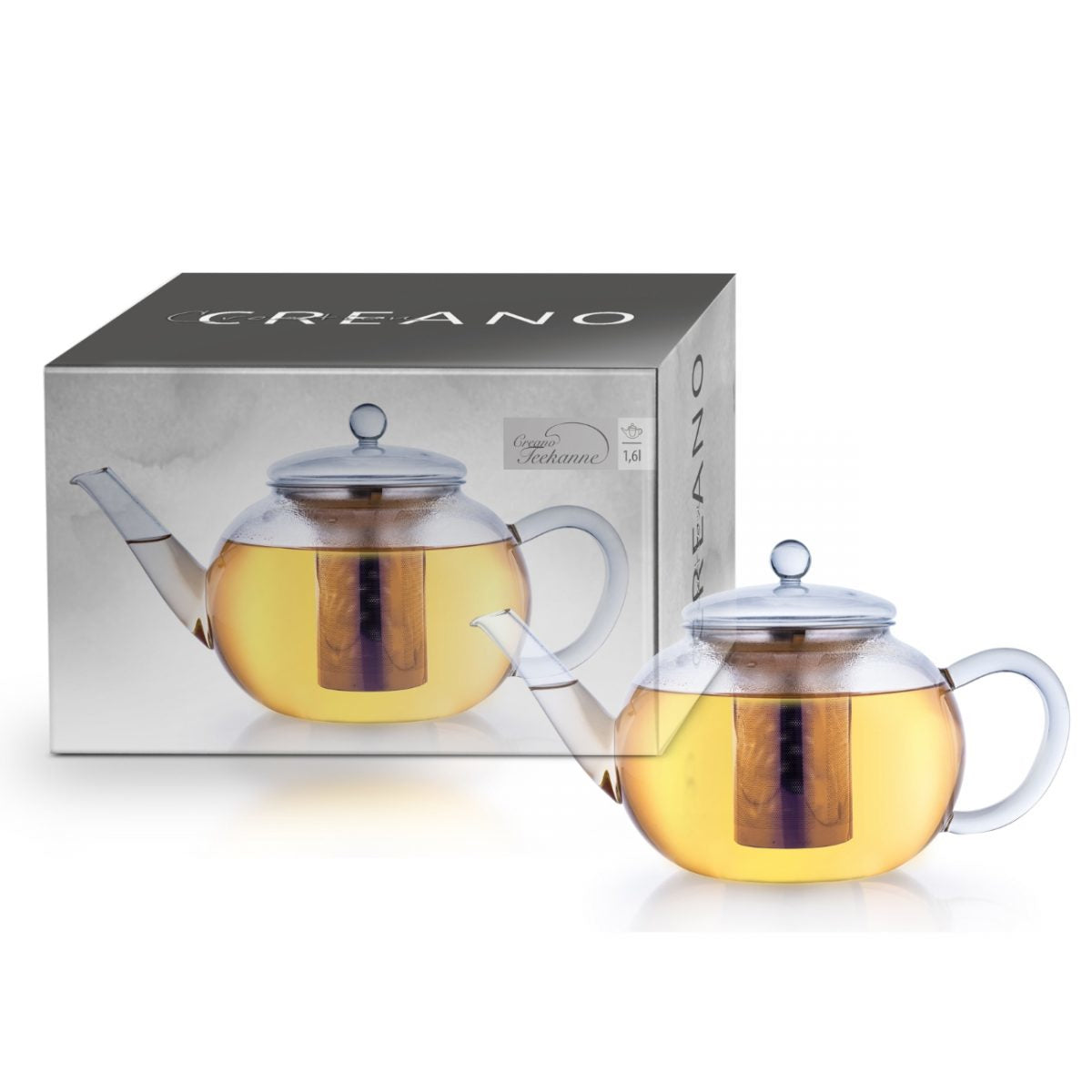 Creano Teekanne – 1,6 l, Borosilikatglas, transparent, mit Glasdeckel, Edelstahlfilter, spülmaschinenfest