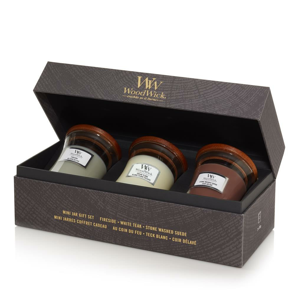 WoodWick Duftkerze Mini Jar Woody Geschenkset, braun/weiß, Glas, Ø 7 cm, H 8 cm, 3er-Set
