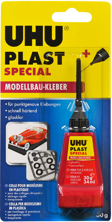 UHU Spezialkleber – Flasche mit Kanüle, permanent, transparent, 30 g, für PS-Teile und andere Kunststoffe
