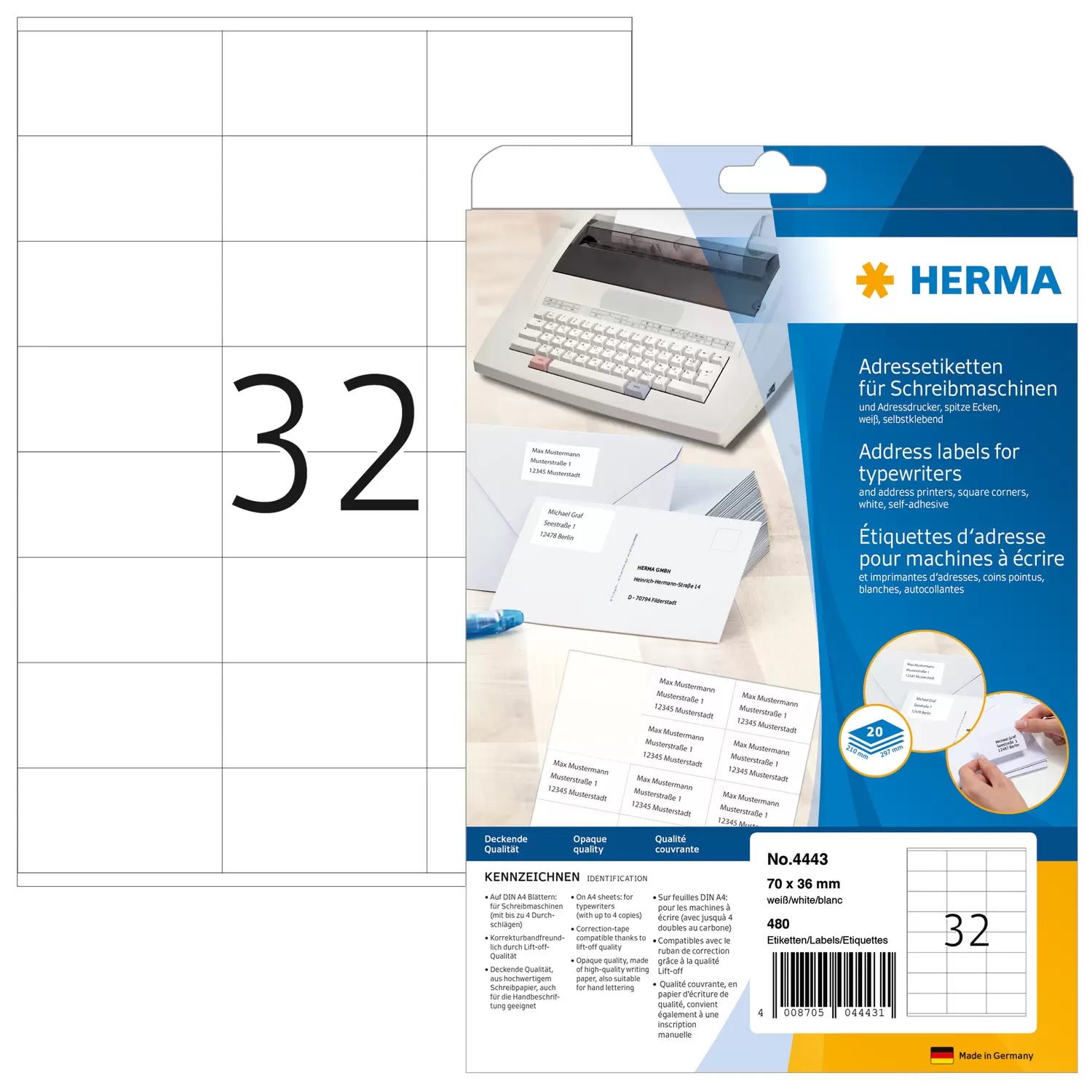 HERMA Adressetiketten, korrigierbar – für Schreibmaschinen bis 4 Durchschläge – 480er-Pack