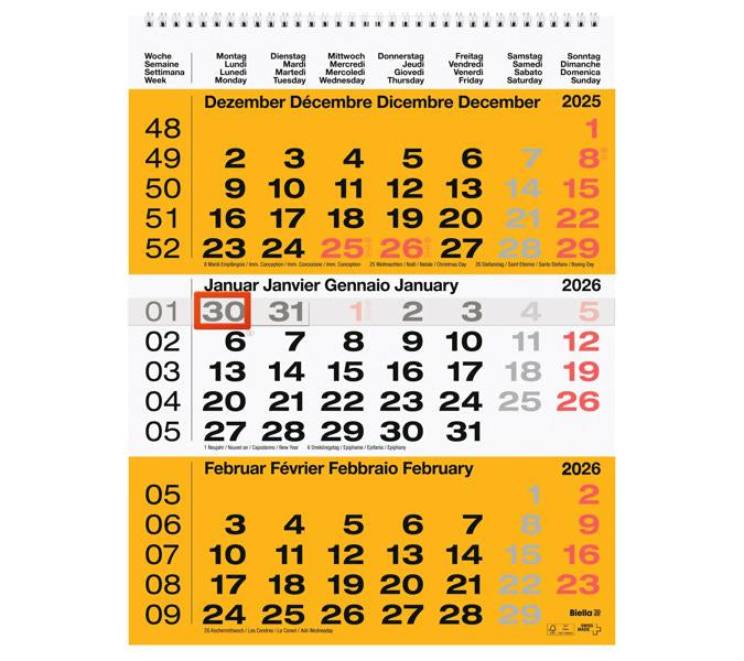 Biella 3-Monats-Kalender – 3 Monate pro Blatt – viersprachig D/F/I/GB – 2026 – Datumsschieber – 31 × 40 cm