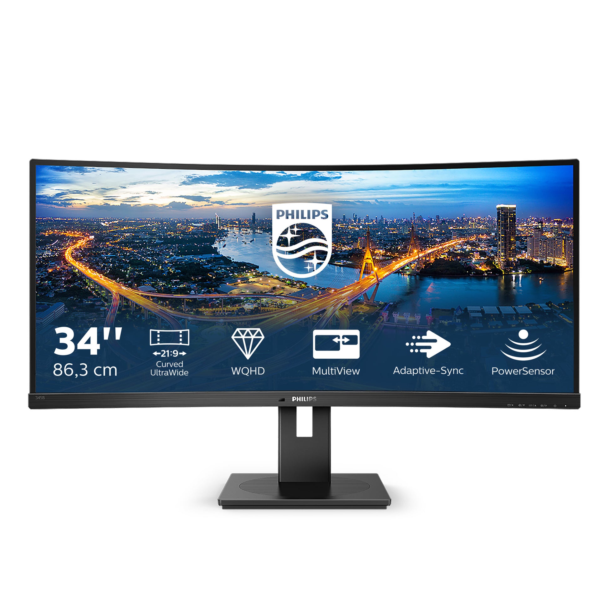 Philips 345B1C/00 – Monitor, 34", 3440 × 1440, VA, 100 Hz, 300 cd/m², Gebogen, VESA 100 × 100, Schwarz