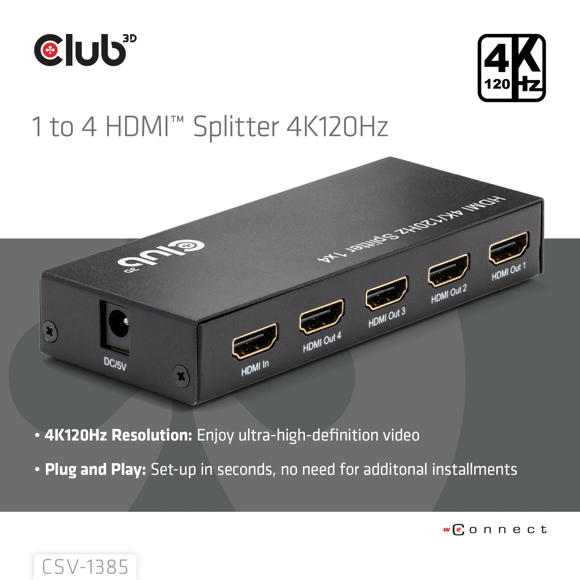 CLUB3D HDMI Splitter 1 zu 4 – 4× HDMI, 4K (3840 × 2160) – Passiv, HDCP 1.4/2.2 – Schwarz