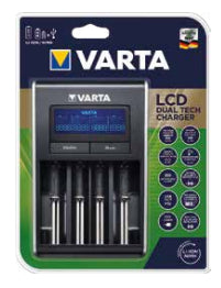 Varta LCD Dual Tech Charger Batterieladegerät 4× – für AA/AAA (Li‑Ion, NiMH) – LCD, USB‑A×1 5V/1A