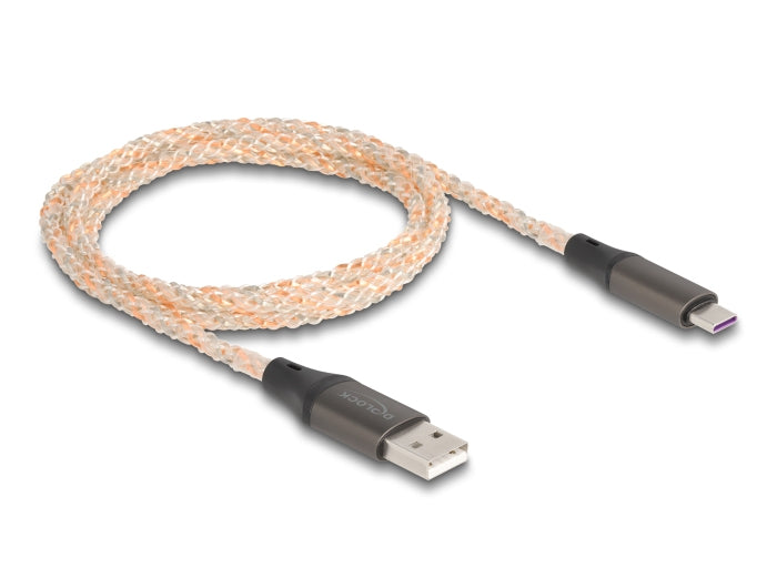 DeLOCK USB-A auf USB-C Kabel – USB 2.0 (480 Mbit/s) – 1 m – RGB-Beleuchtung, Goldstecker – Transparent