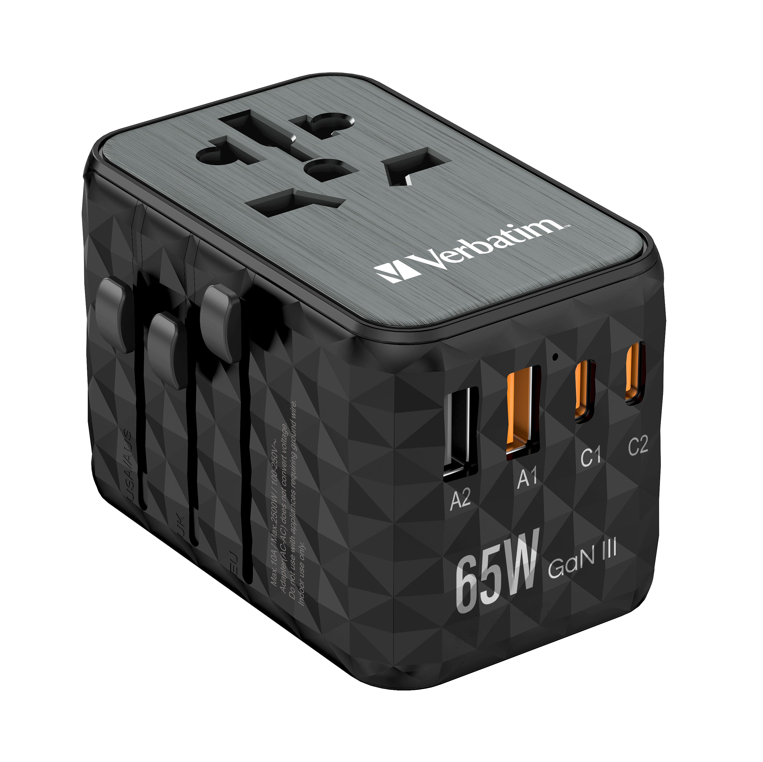 Verbatim Reiseadapter – UTA-05 GaN III Universal, PD 65 W, QC 4+, 2× USB-A, 2× USB-C, Schwarz