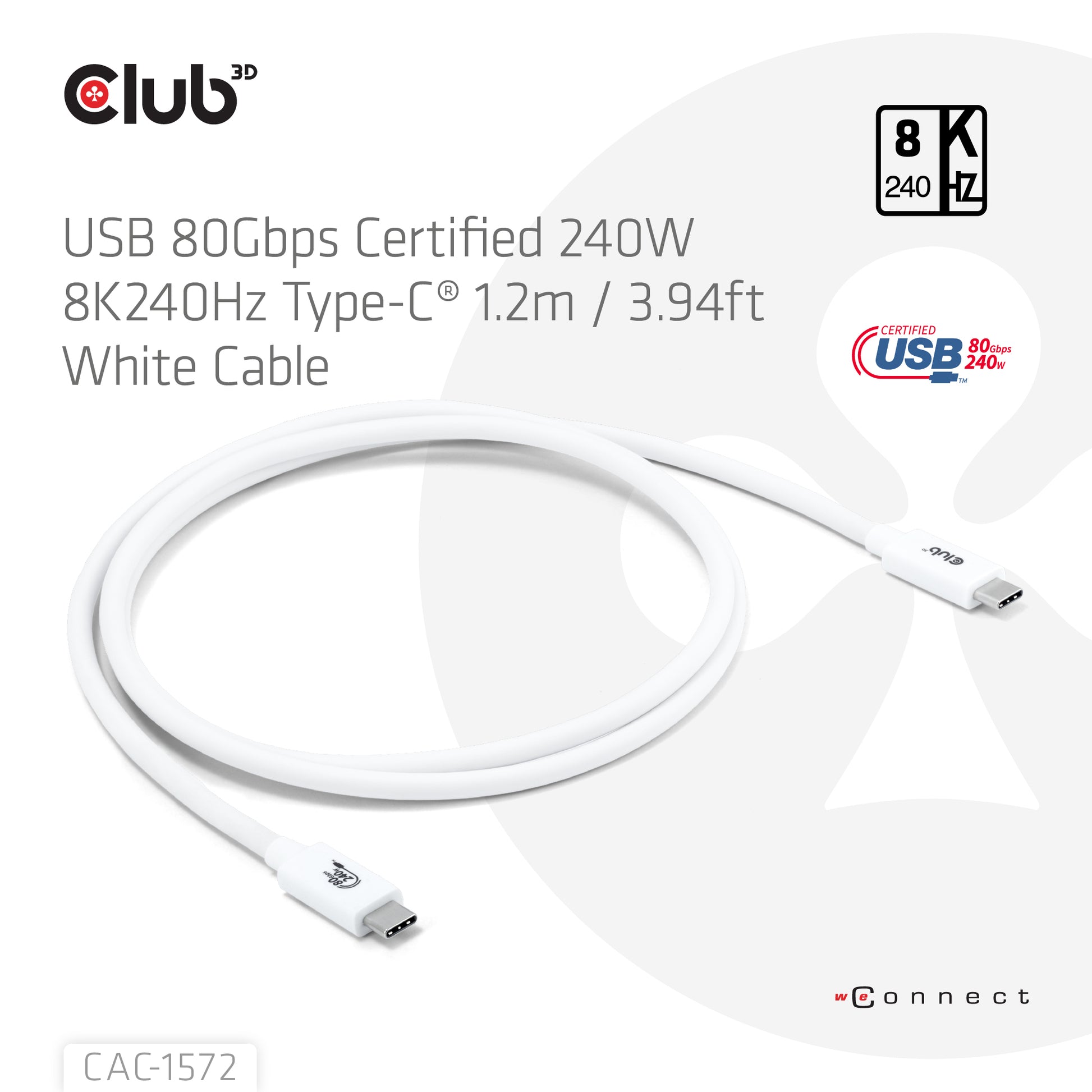 CLUB3D Club 3D – USB-C auf USB-C Kabel – USB4 80 Gbit/s – 1,2 m – PD 240 W – USB-IF zertifiziert – Weiss