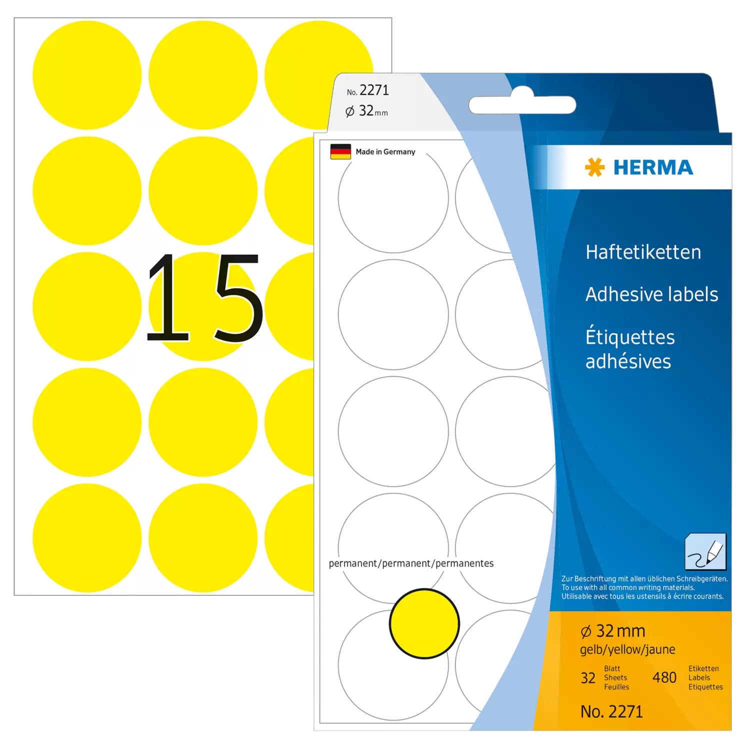 HERMA Schuletiketten – Ø 32 mm, 480 Stk, 32 Bogen, Papier, permanent haftend
