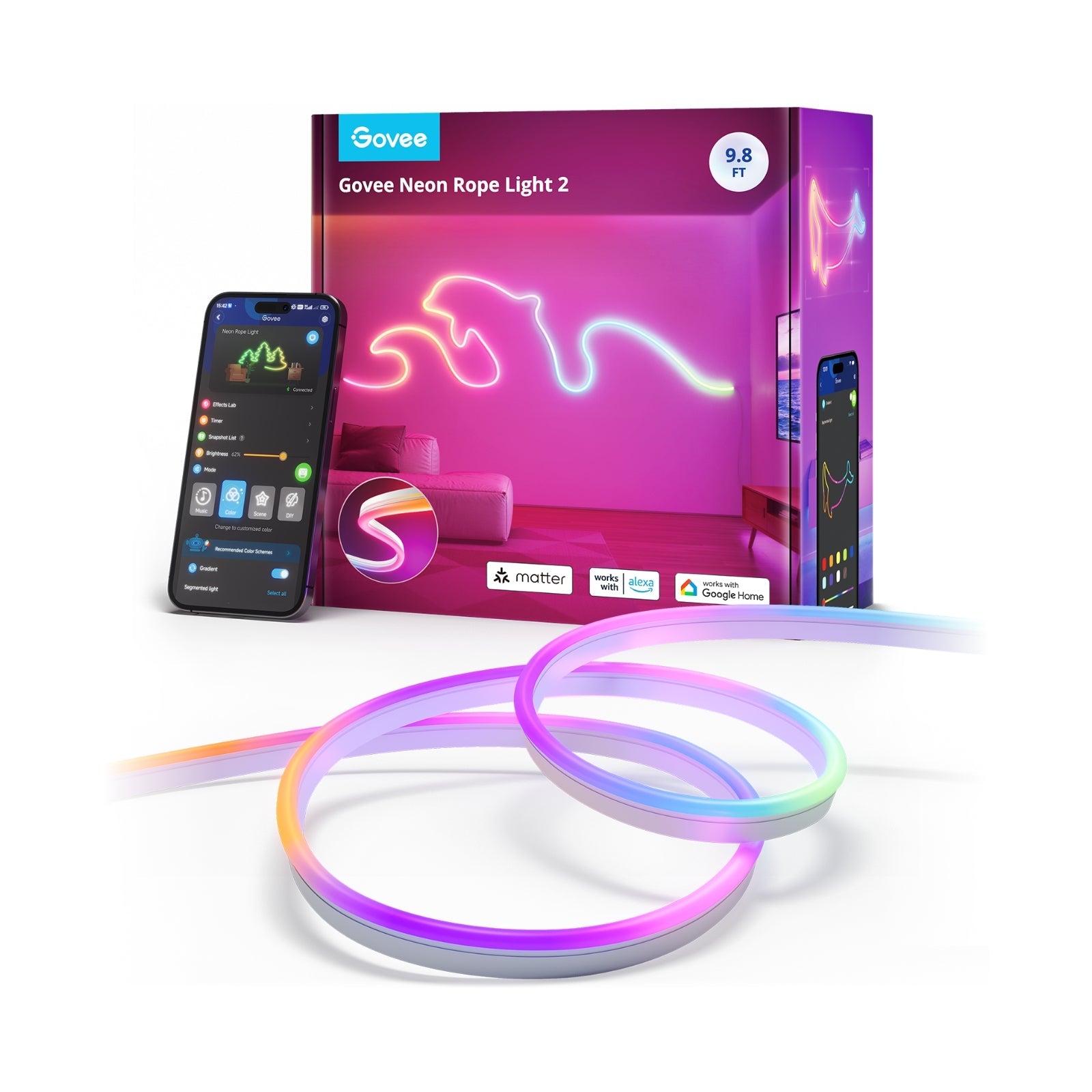 Govee LED-Strip – 3 m, 173 lm, 36 W, RGBIC, WiFi/BT, Matter, für Alexa, weiss