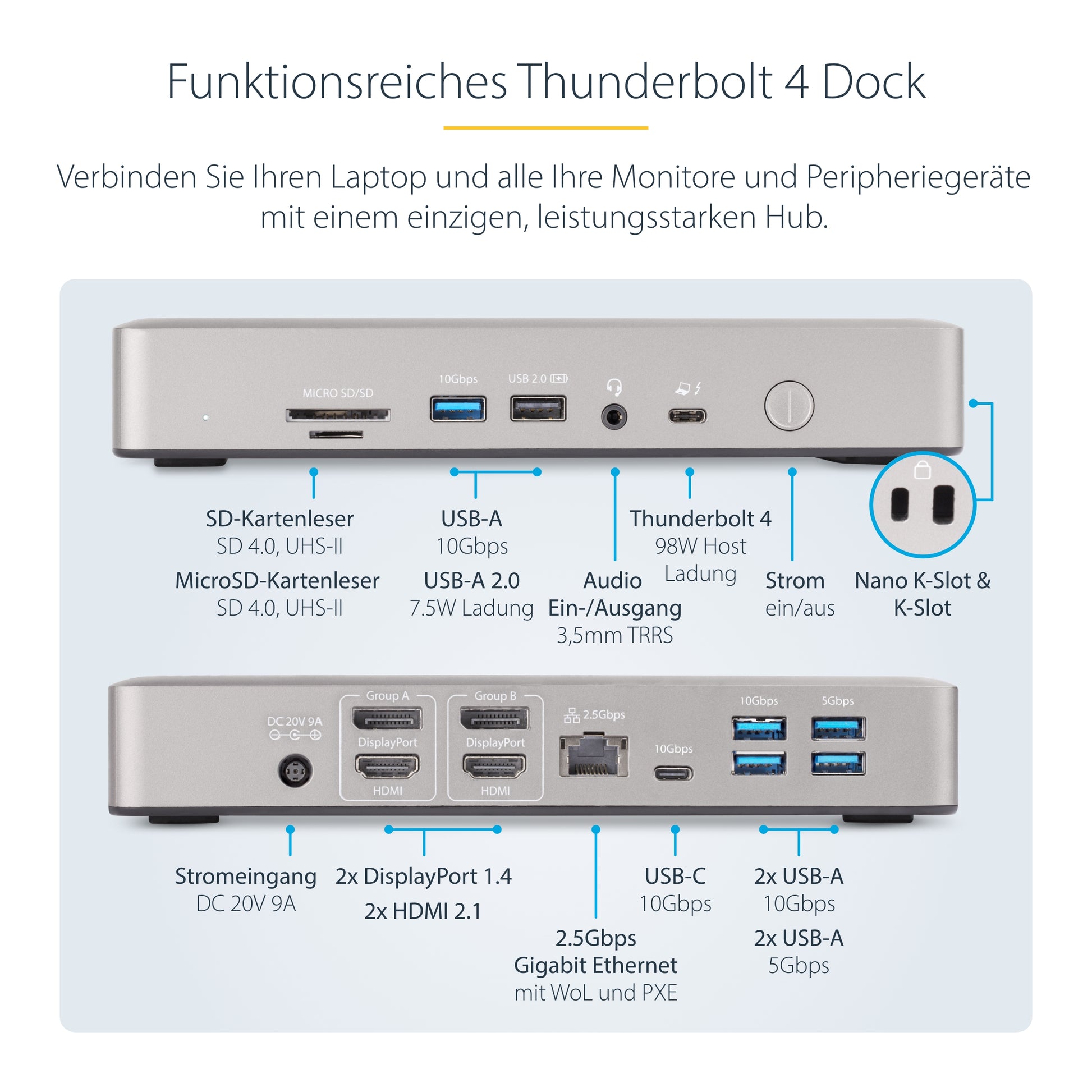 StarTech.com Dockingstation – Thunderbolt 4, 2× DP, 2× HDMI, 98 W PD, 2,5GbE, für Windows/Mac