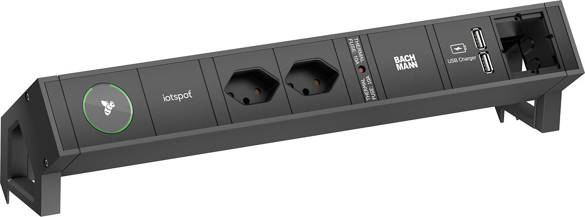 Bachmann DESK2 iotspot – Tischsteckdosenleiste, 2× T13, 2× USB‑A, 0,20 m, Stecker GST18, IP20