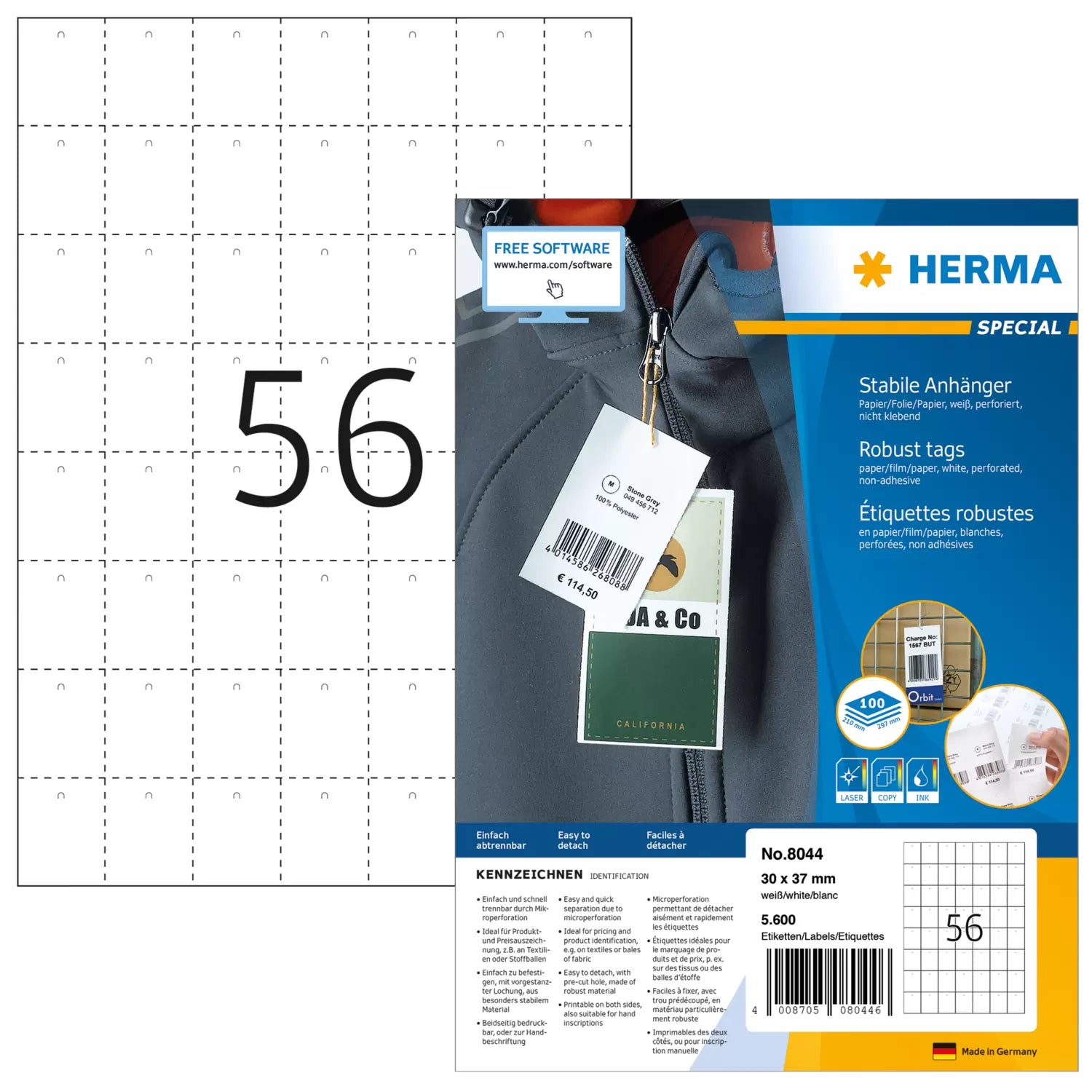 HERMA Anhänger (mit Loch) – 30 × 37 mm – Papier/Folie/Papier, weiss – perforiert – 5'600 Stück (100 Blatt)