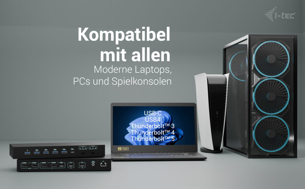 i-tec Dockingstation – USB-C, 4× HDMI, 5× USB-A, 92 W PD, GbE, 3,5 mm Audio, für Windows/Mac/ChromeOS