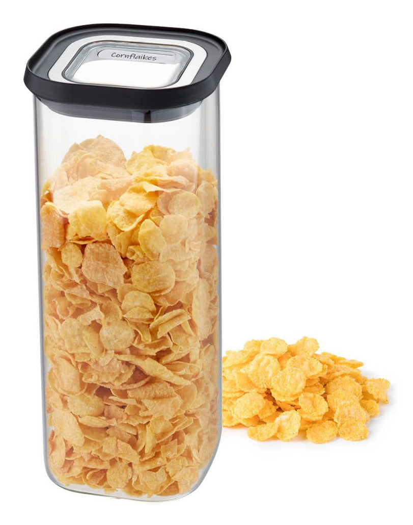 GEFU PANTRY – Vorratsdose 1,9 l, 11 × 11 × 26 cm, Glas (Borosilikat)/Kunststoff, transparent/schwarz