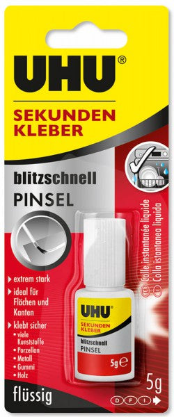 UHU Sekundenkleber – Pinselapplikator, permanent, transparent, 5 g, für Holz, Porzellan, Metall u. a.