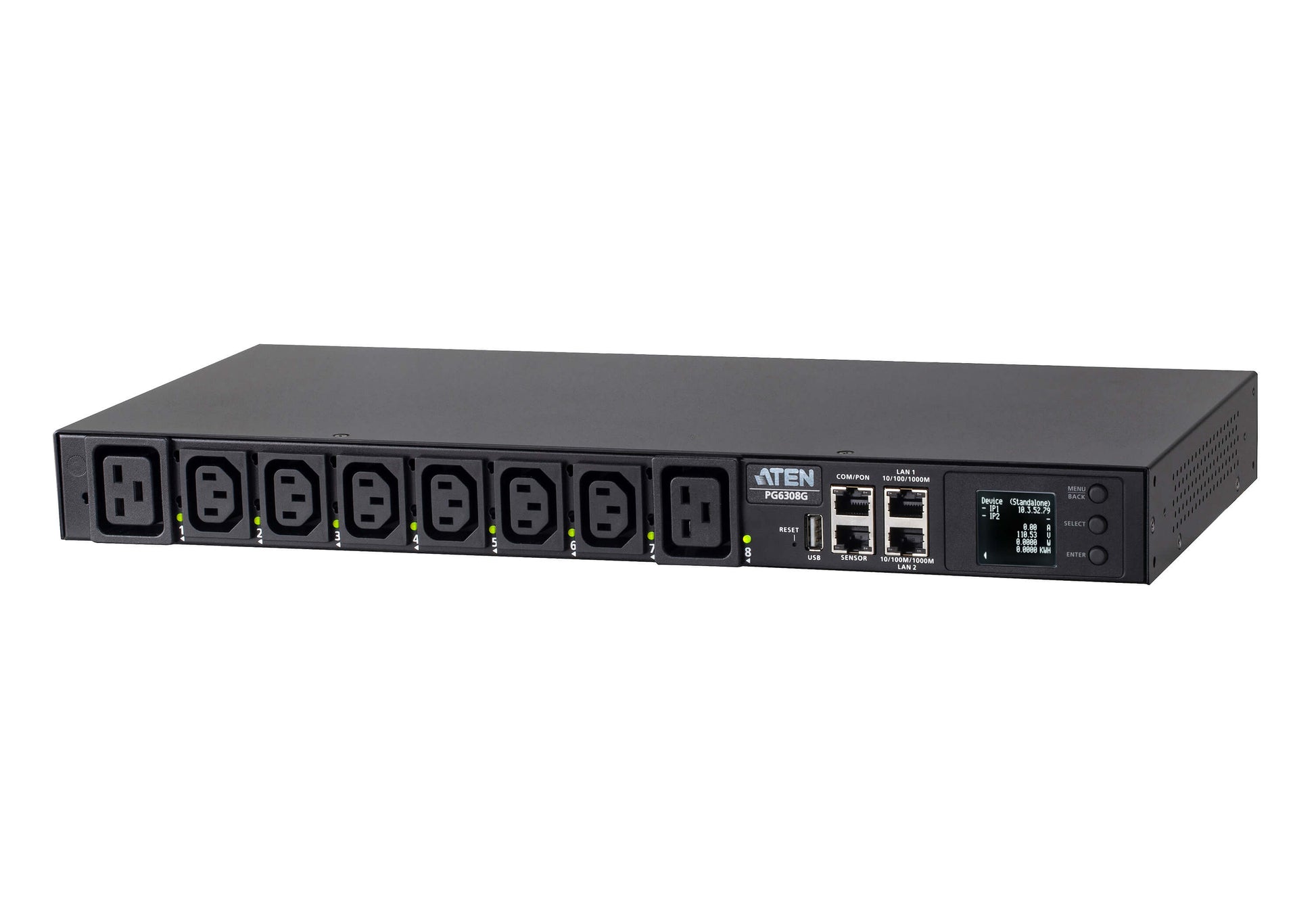 ATEN PG6308G – Intelligente PDU – 19" Rack, 1U, 8×AC (6×C13, 2×C19), LCD, 2×RJ45, Schwarz