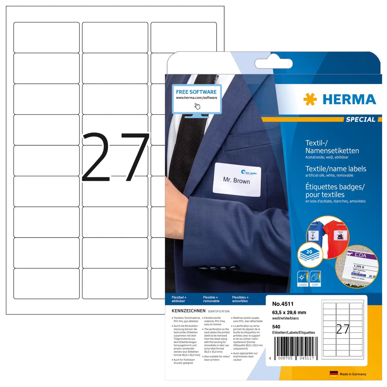 HERMA Schuletiketten – 63,5×29,6 mm, Abgerundete Ecken, 540 Stk, 20 Bogen, Textil, Ablösbar