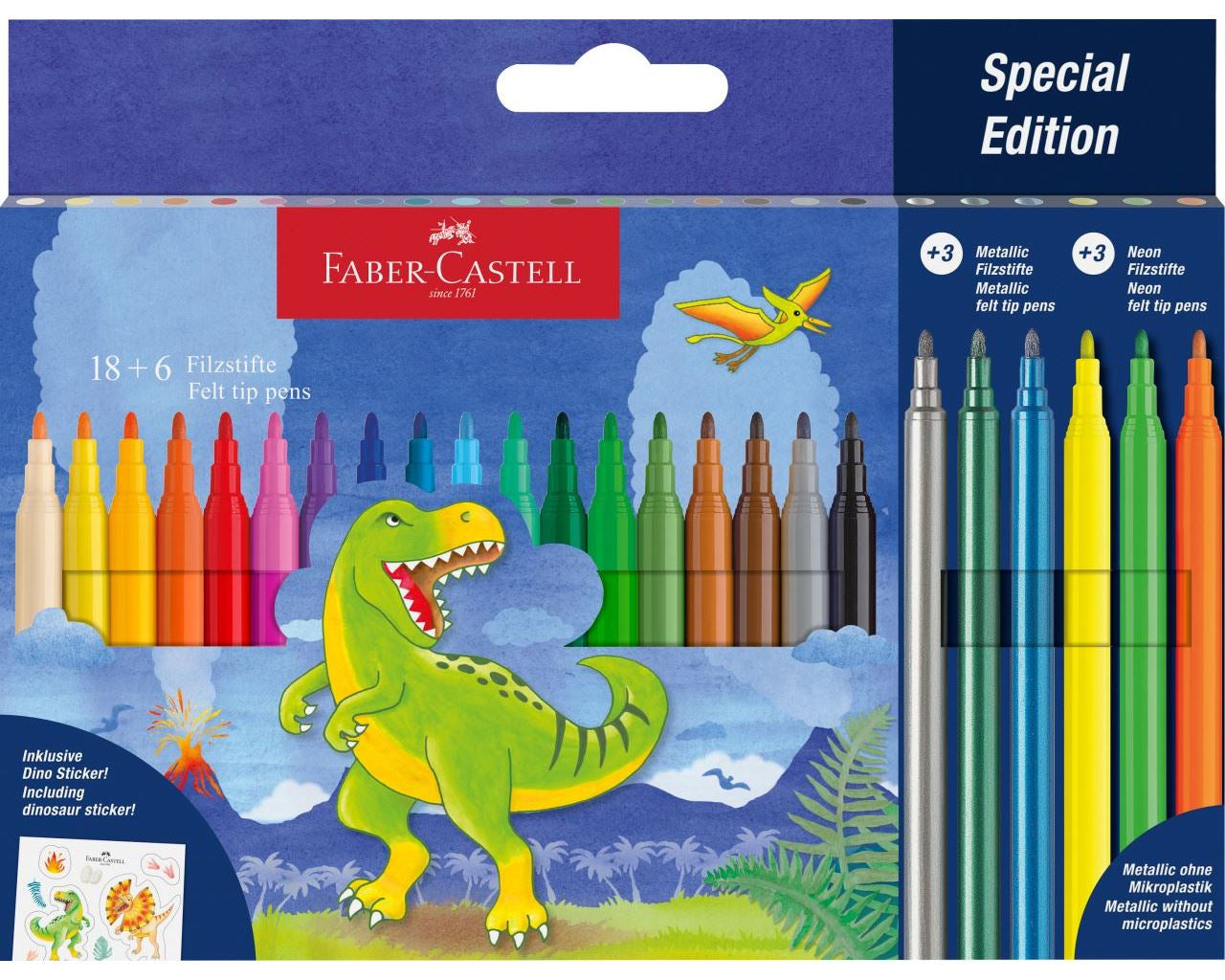 Faber-Castell Filzstifte Metallic & Neon, Dino – wasserbasiert, 24 Farben