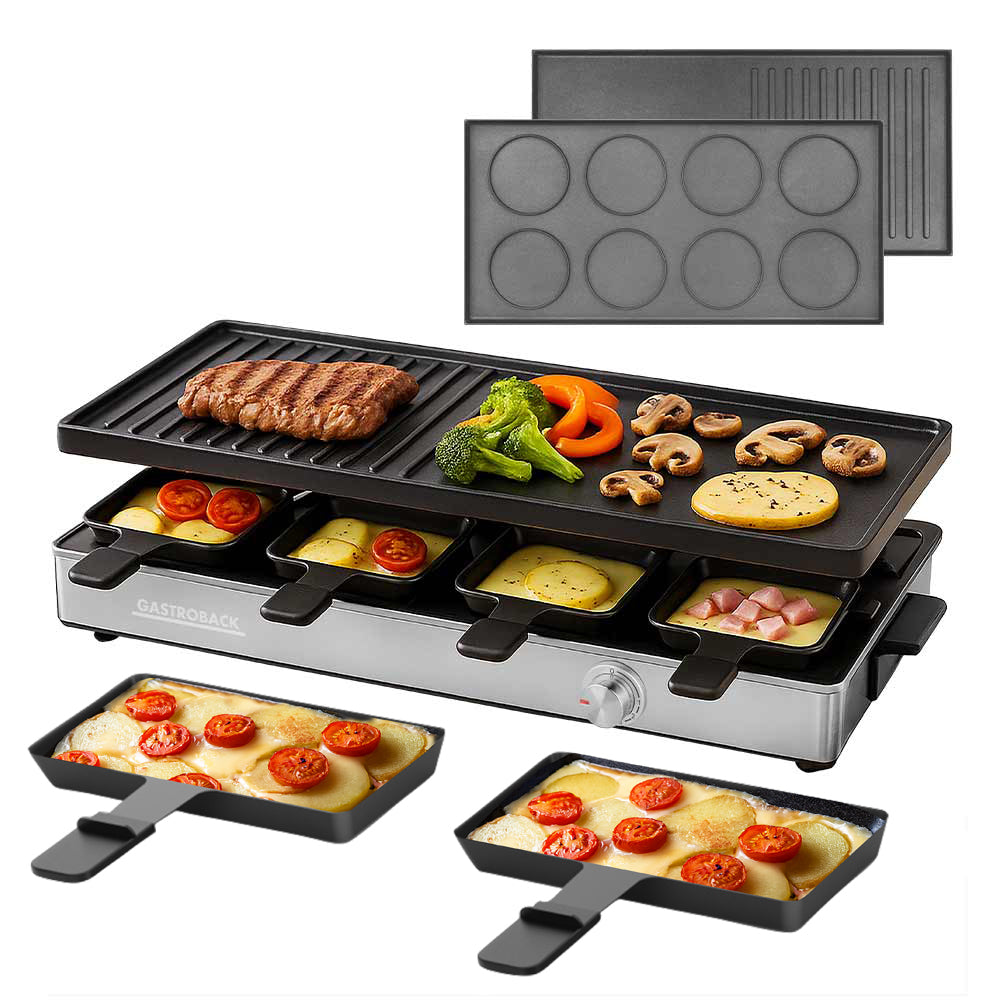 Gastroback Raclette 42563 – 8 Personen, 1700 W, 12 Pfännchen, Aluminiumguss – schwarz/edelstahl