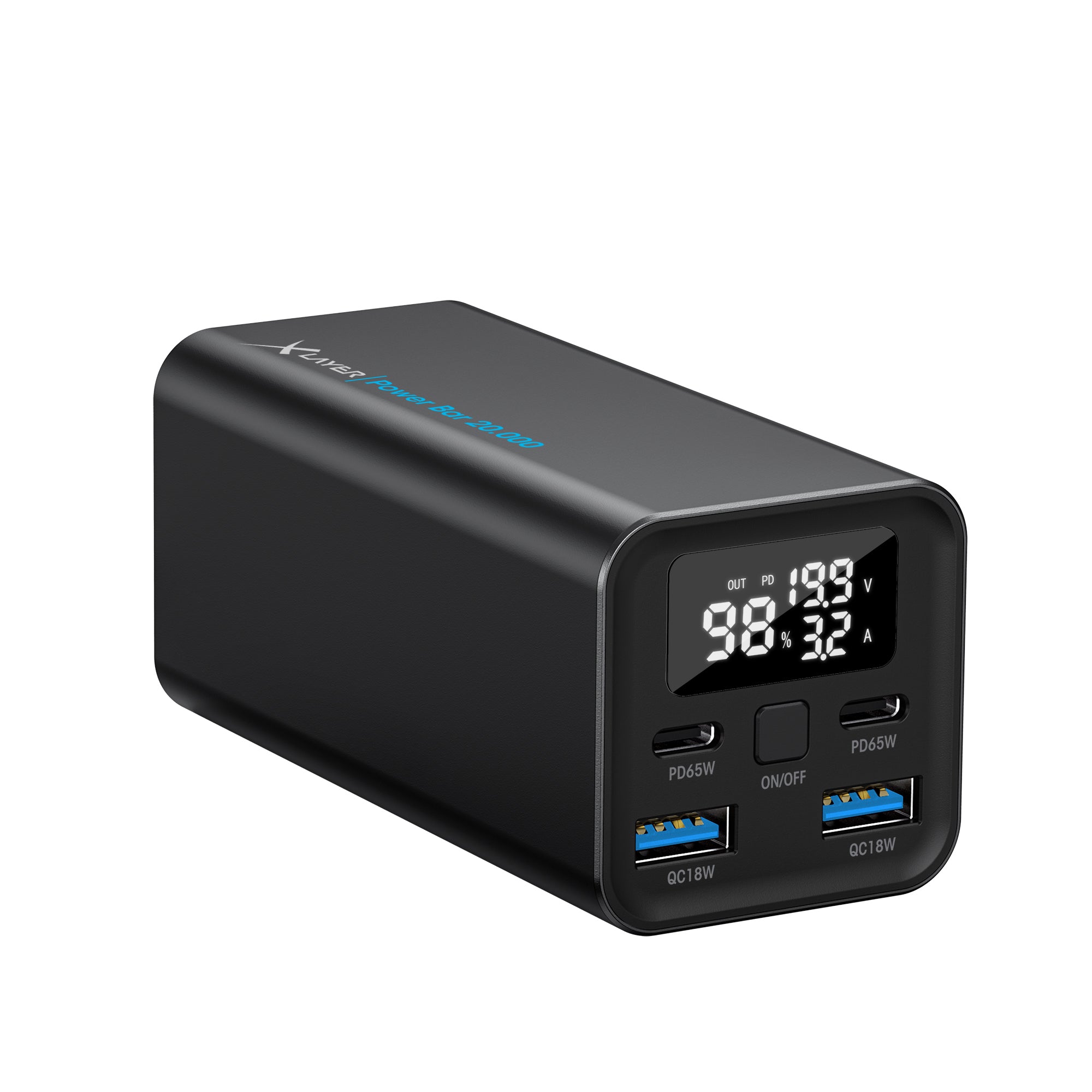 Xlayer Powerbank 20'000 mAh – 65 W PD, 2× USB-C, 2× USB-A, schwarz