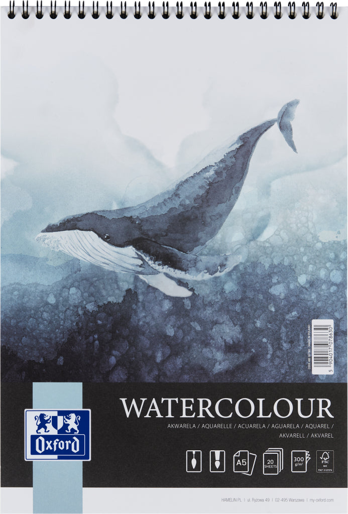 Oxford Aquarellblock – A5, 300 g/m², Spirale, 20 Blatt, für Marker, wasserbasierte Farben