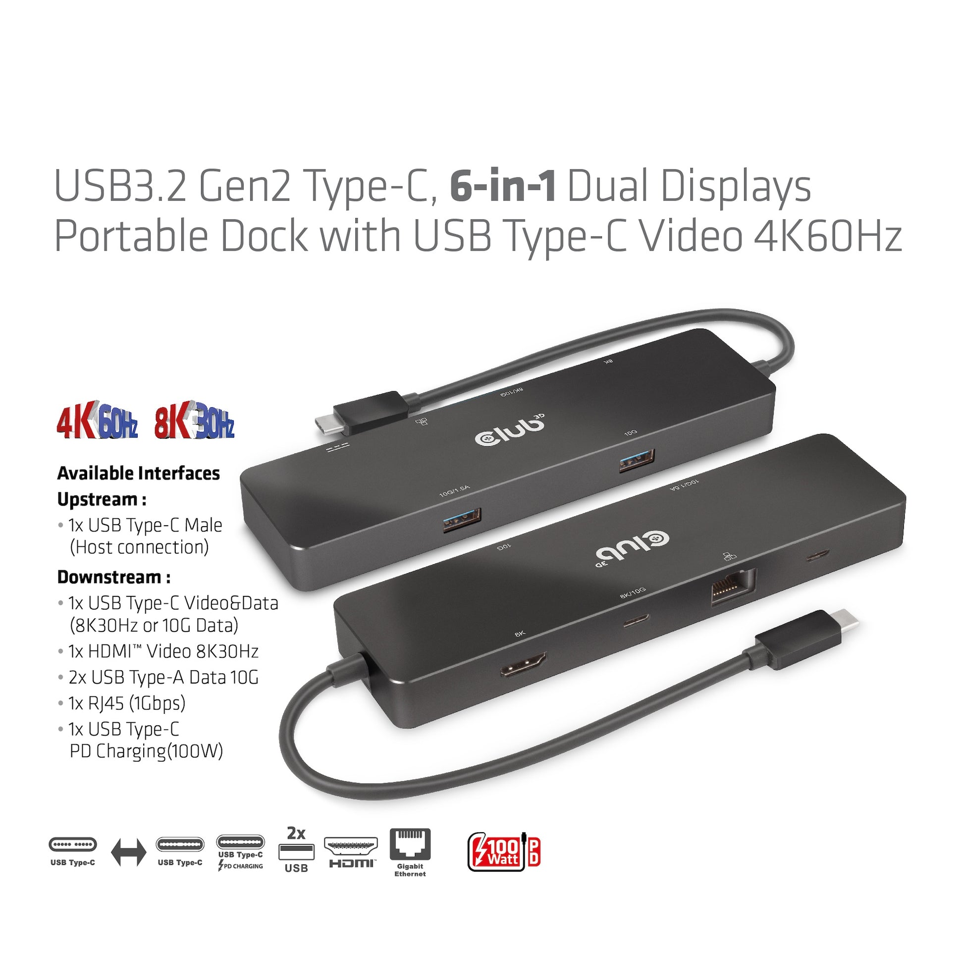 CLUB3D Club 3D Dockingstation – USB-C, 1× DP, 1× HDMI, 2× USB-A, 100 W PD, GbE, für Universal