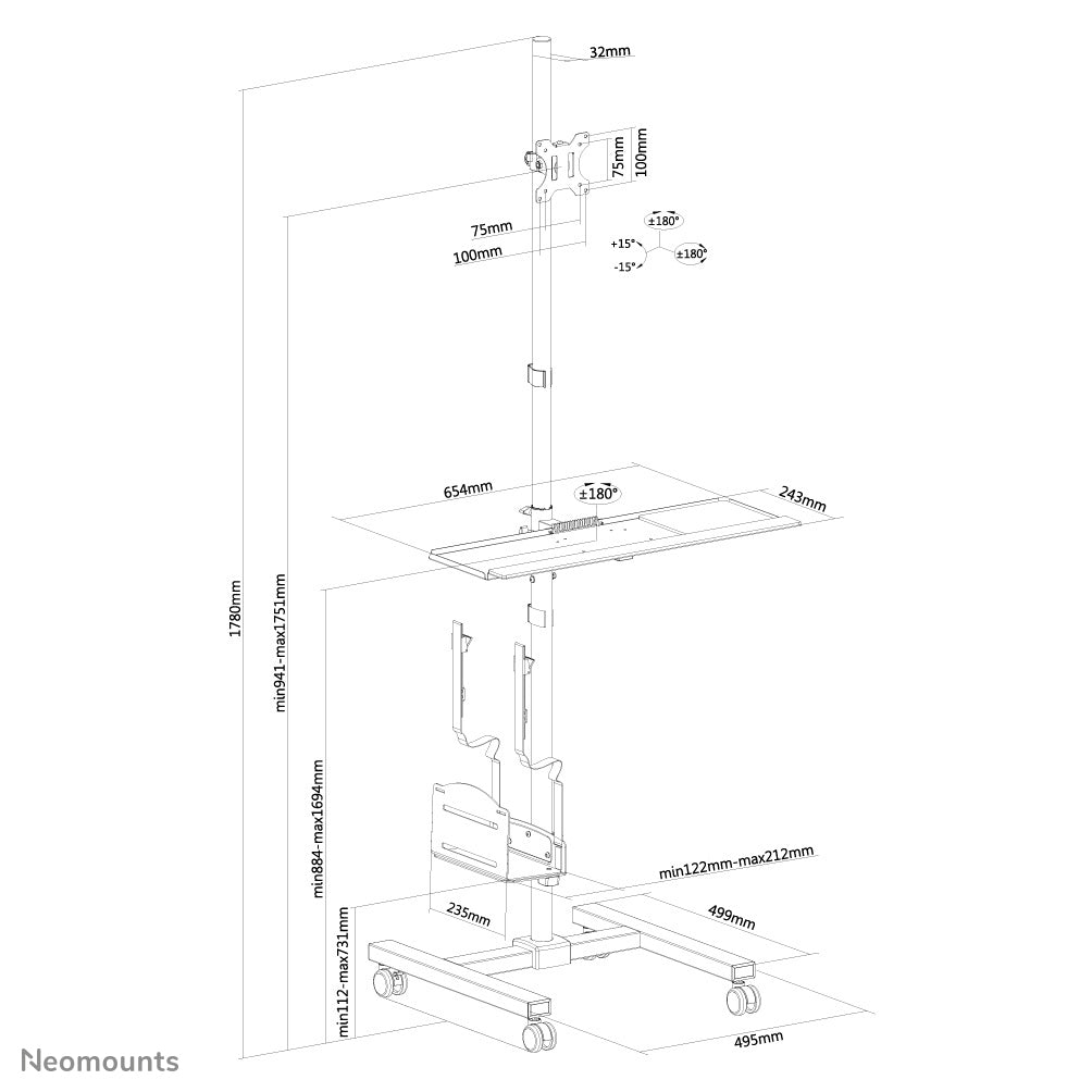 Neomounts Boden-Prospektständer FPMA-MOBILE1700 Mobile Work – für Monitore 10"–32", Schwarz