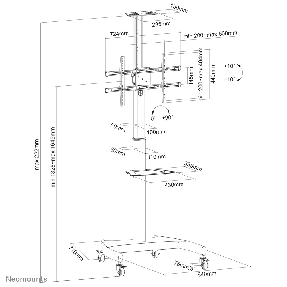 Neomounts PLASMA-M1900E – Trolley, drehbar, für 37–70", VESA 200×200–600×400, bis 50 kg, höhenverstellbar