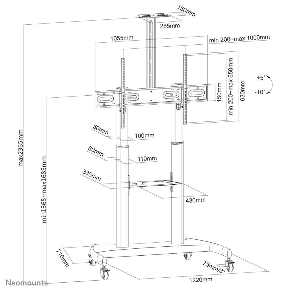 Neomounts PLASMA-M1950E – Trolley, höhenverstellbar, für 60–100", VESA 200×200–1000×600, bis 100 kg, schwarz