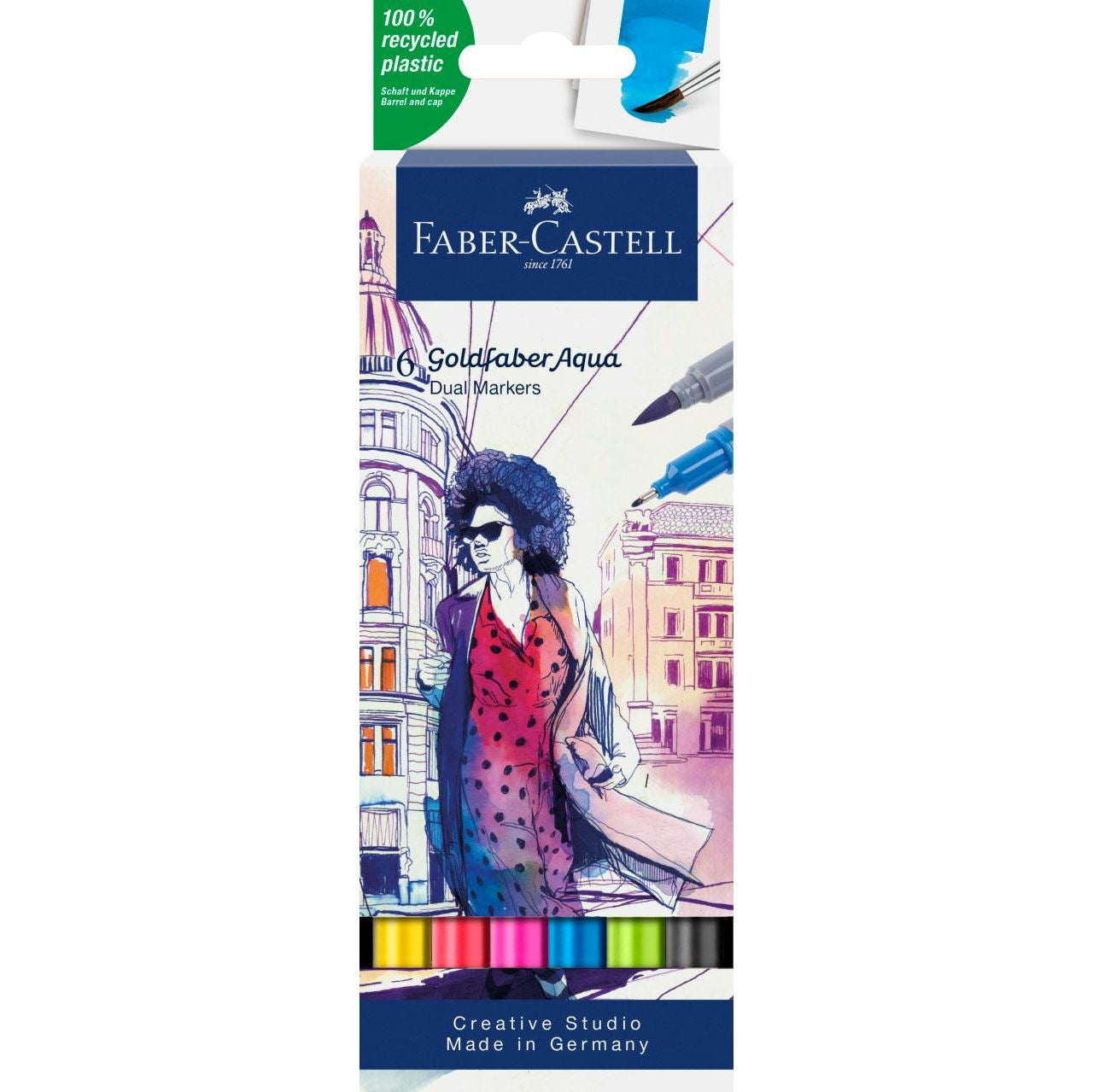 Faber-Castell Goldfaber Aqua Dual Marker – Doppelspitze, Pinsel + 0,4 mm, wasservermalbar, 6 Farben