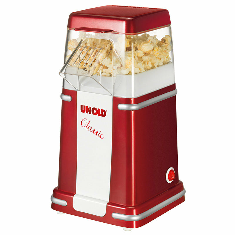 Unold Popcornmaschine Classic 48525 – 100 g, 900 W, Deckel als Messbecher – rot/silber/weiss