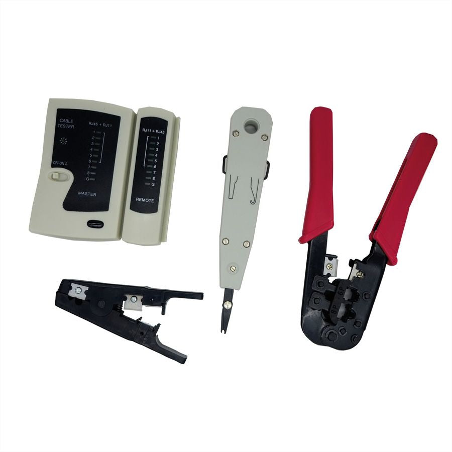 VALUE Netzwerk Werkzeug-Set – Kabeltester, Crimpzange, Abisolierer – für RJ45/RJ12/RJ11 – mit Tasche