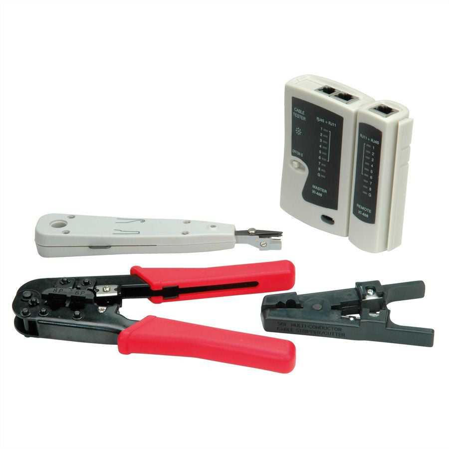 VALUE Netzwerk Werkzeug-Set – Kabeltester, Crimpzange, Abisolierer – für RJ45/RJ12/RJ11 – mit Tasche
