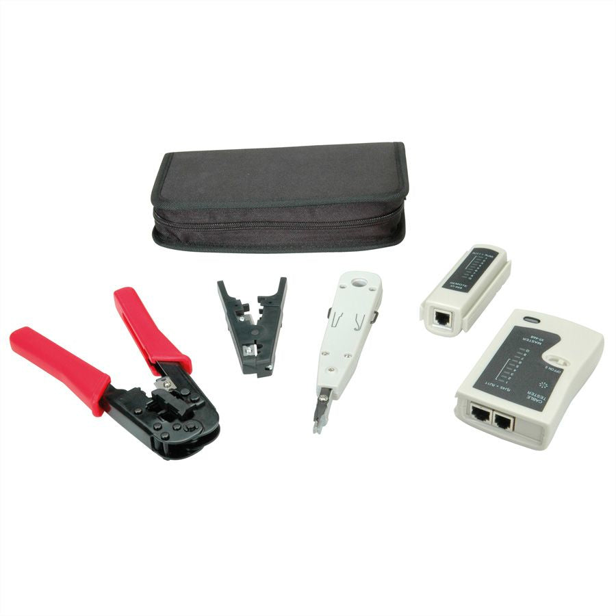 VALUE Netzwerk Werkzeug-Set – Kabeltester, Crimpzange, Abisolierer – für RJ45/RJ12/RJ11 – mit Tasche