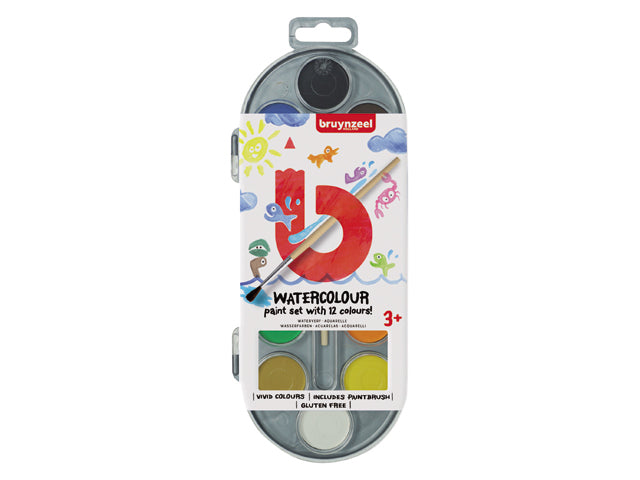 Bruynzeel Kinder Aquarellfarben – 12 Farben (Kasten), mit Pinsel – für Papier
