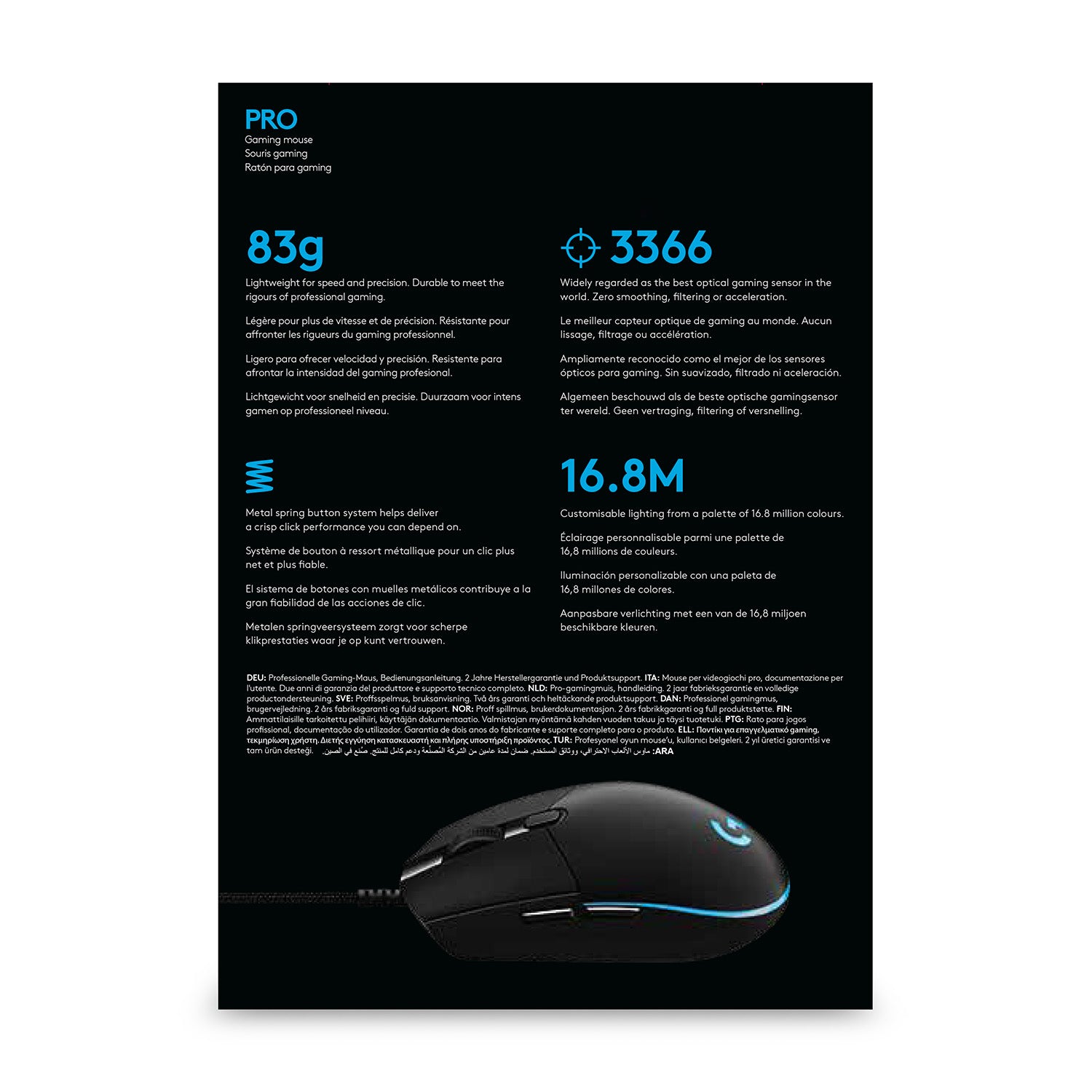 Logitech G PRO HERO – Gaming-Maus – Kabelgebunden (USB‑A), 25600 DPI, RGB-Beleuchtung, rechts, Schwarz