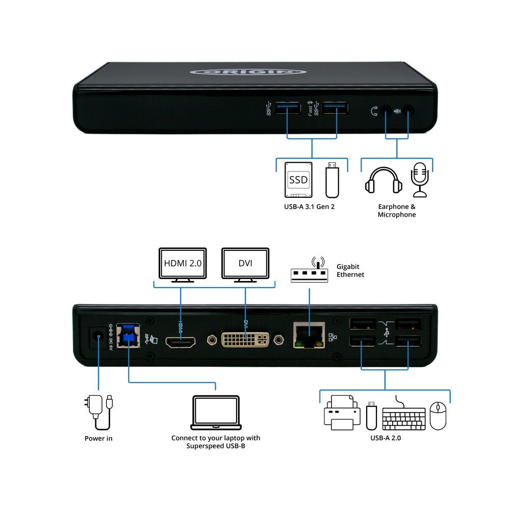 Origin Storage OSDOCK-USB3 Dockingstation – USB-A, 1× HDMI, 1× DVI, 5× USB-A, 1× USB-B, GbE, 3,5 mm Audio
