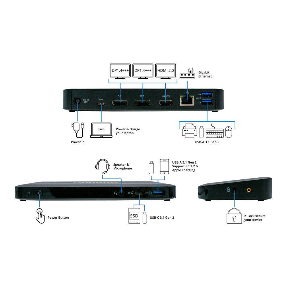 Origin Storage OSDOCK-USBC Dockingstation – USB-C, 2× DP, 1× HDMI, 3× USB-A, 85 W PD, GbE, 3,5 mm Audio