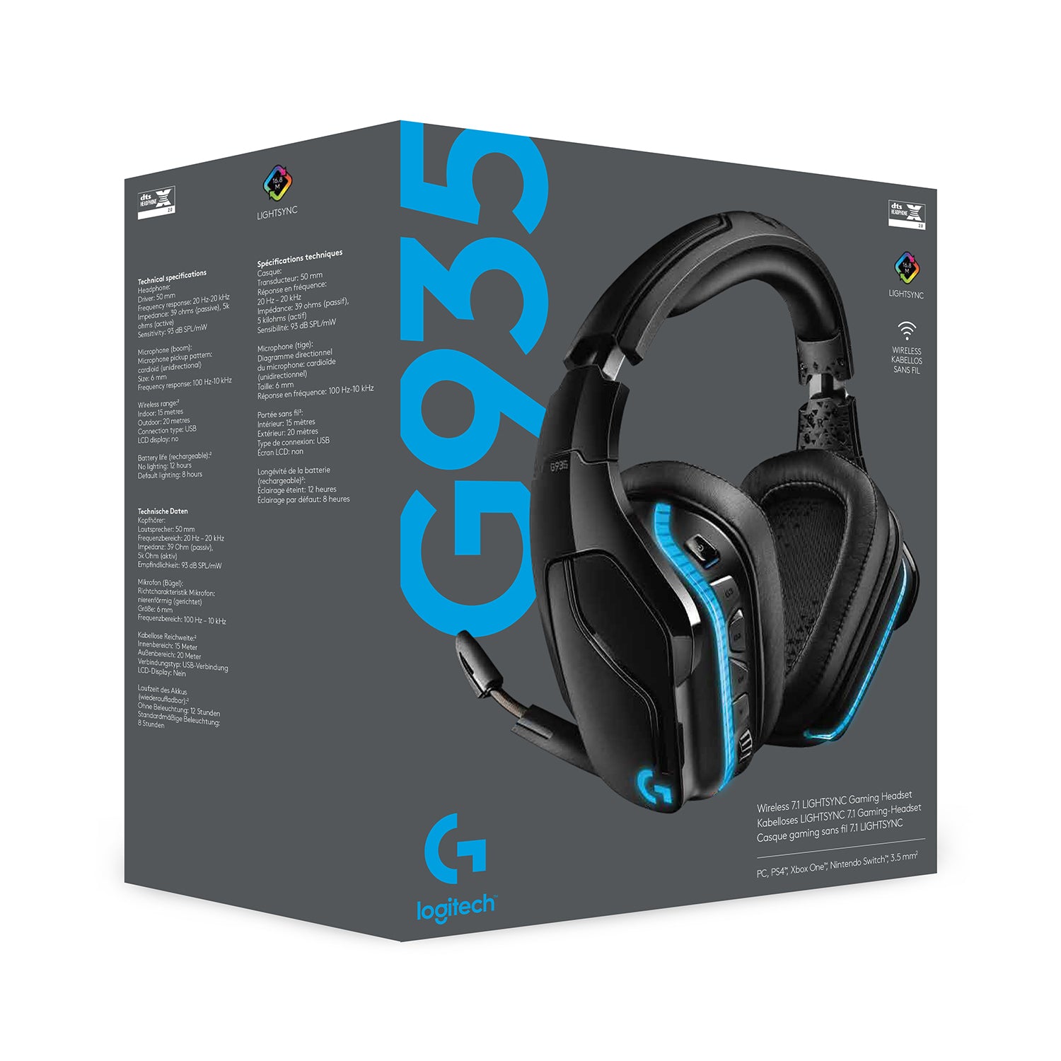 Logitech G G935 Gaming-Headset – Over-Ear, Kabellos + 3,5 mm Klinke, ANC, mit USB-A-Dongle