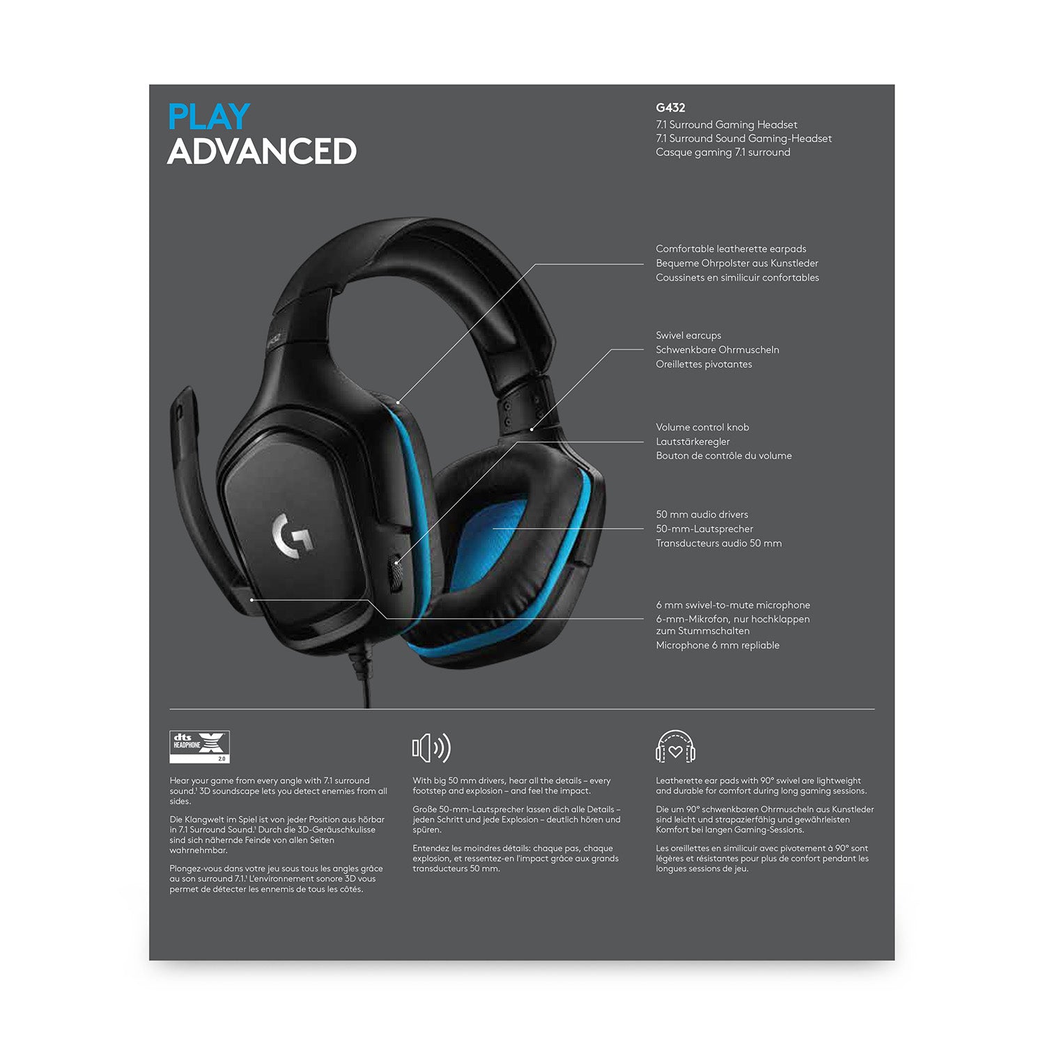 Logitech G G432 Gaming-Headset – Over-Ear, Stereo, Kabelgebunden, 3,5 mm Klinke, ANC, Schwarz/Blau