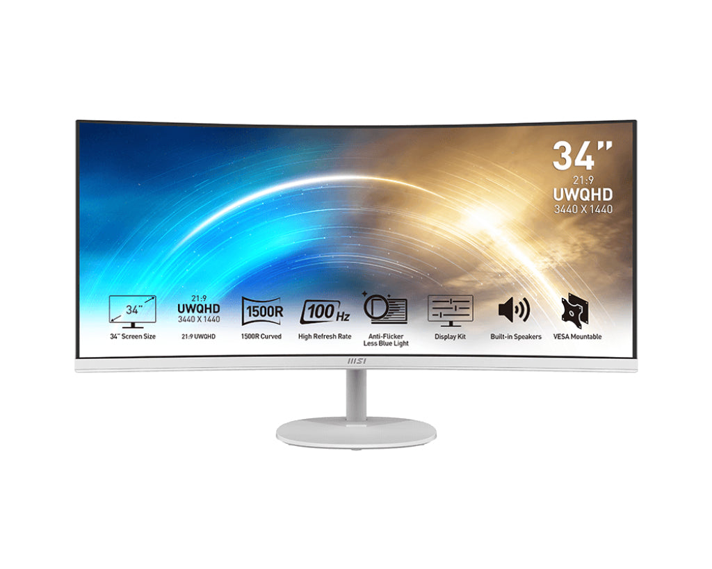 MSI PRO MP341CQWDE – Monitor, 34", VA, 100 Hz, 300 cd/m², Gebogen, VESA 100 × 100, Weiss