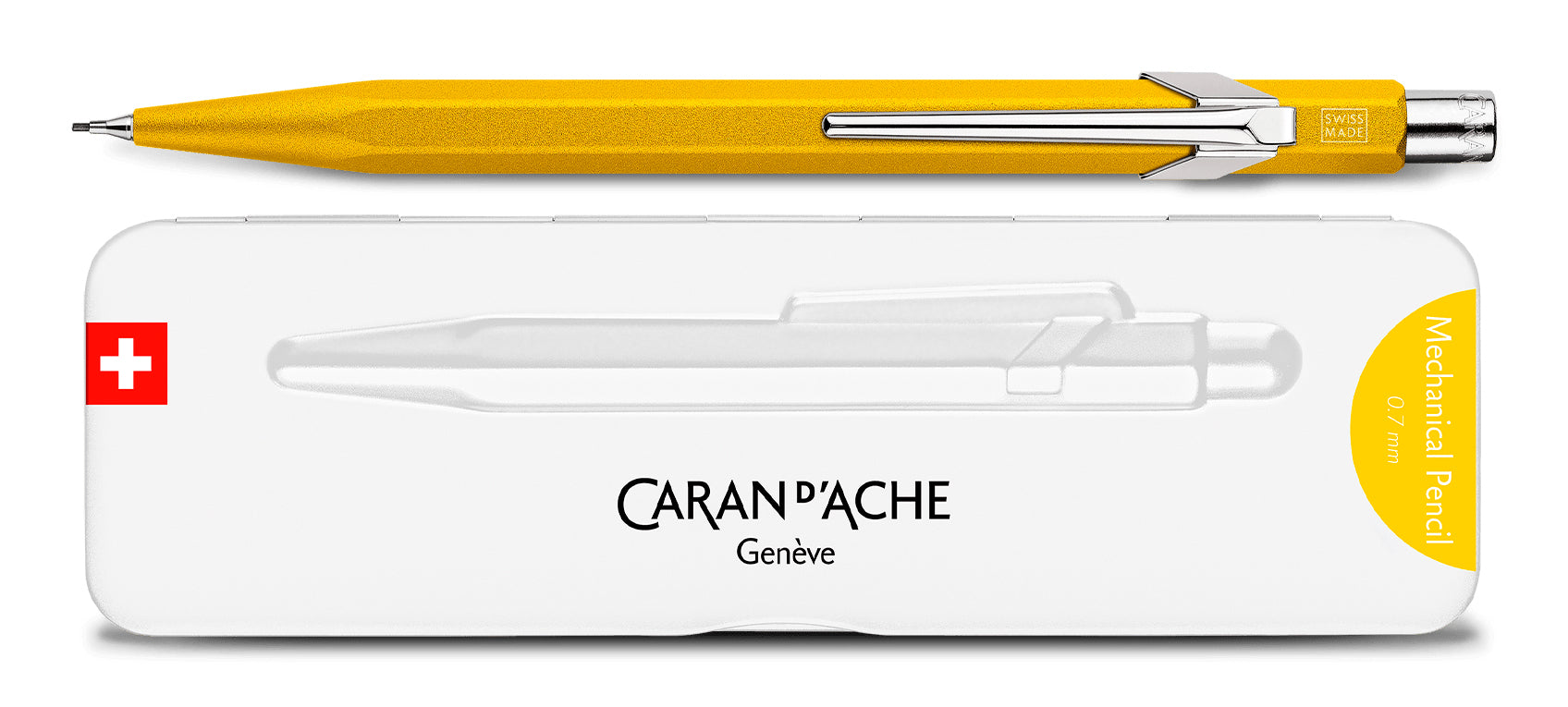 Caran d-Ache 849 Colormat-X Druckbleistift – 0,7 mm – Aluminium – Gelb – mit Radierer – 1er-Pack